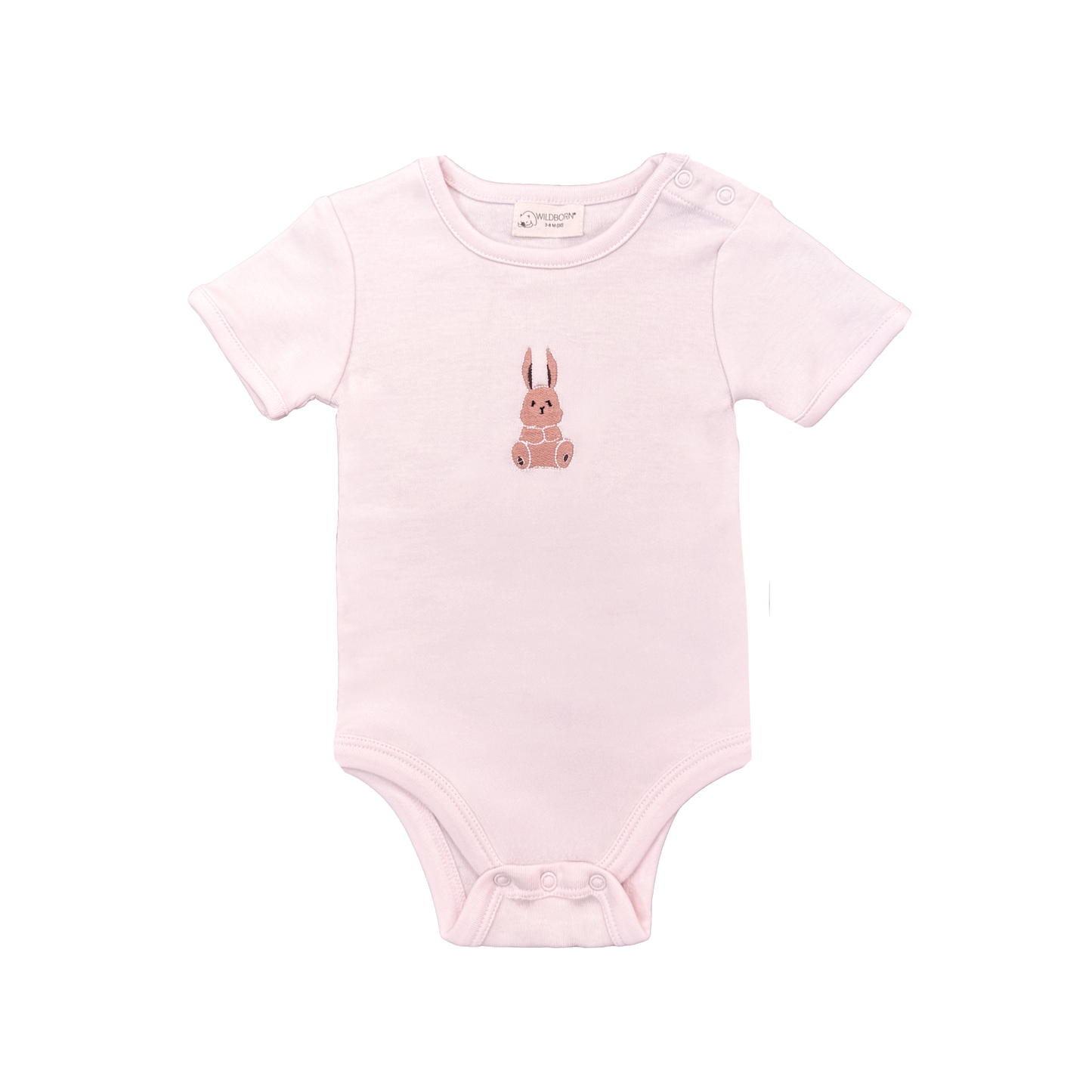 Pink baby onesie with a bunny design on a white background
