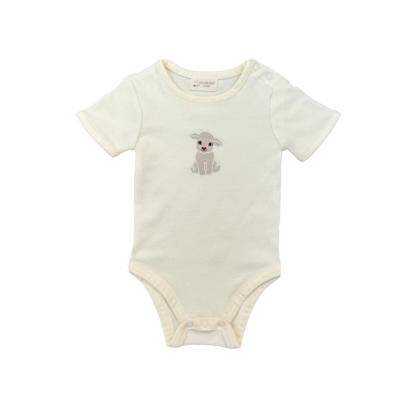 Baby onesie with a baby lamb illustration on a white background