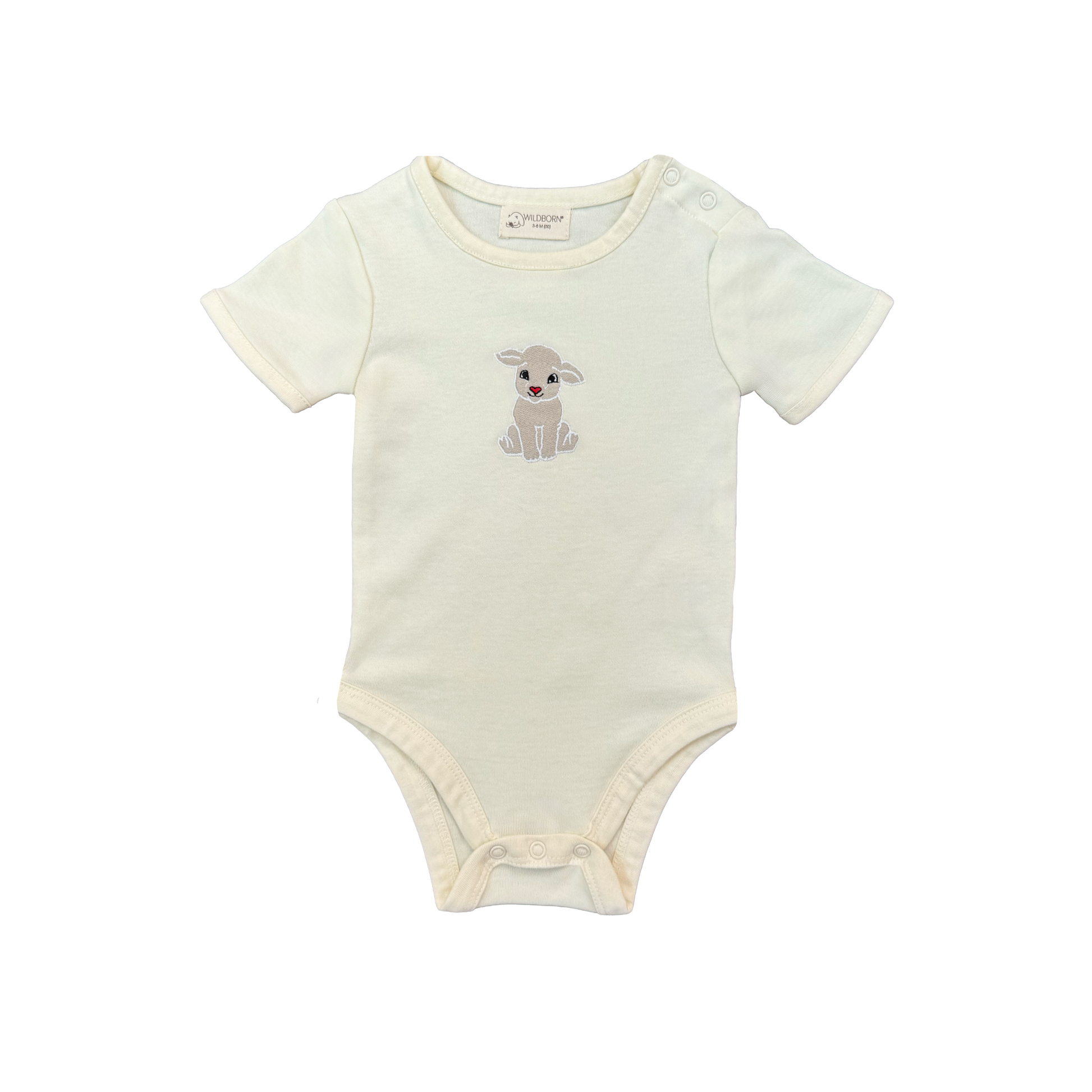 Baby onesie with a baby lamb illustration on a white background