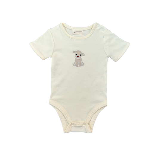 Baby onesie with a baby lamb illustration on a white background