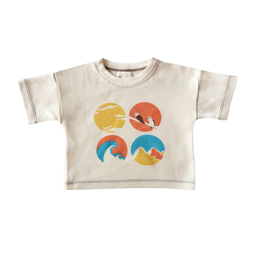 Children's t-shirt with colorful graphic design on a white background
