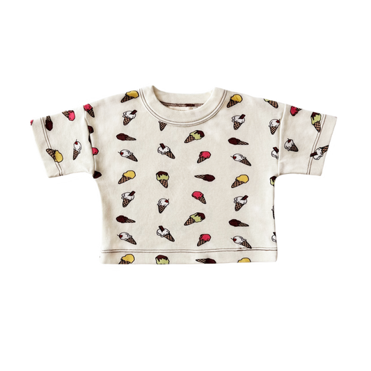 Children's t-shirt with ice cream cone pattern on a white background