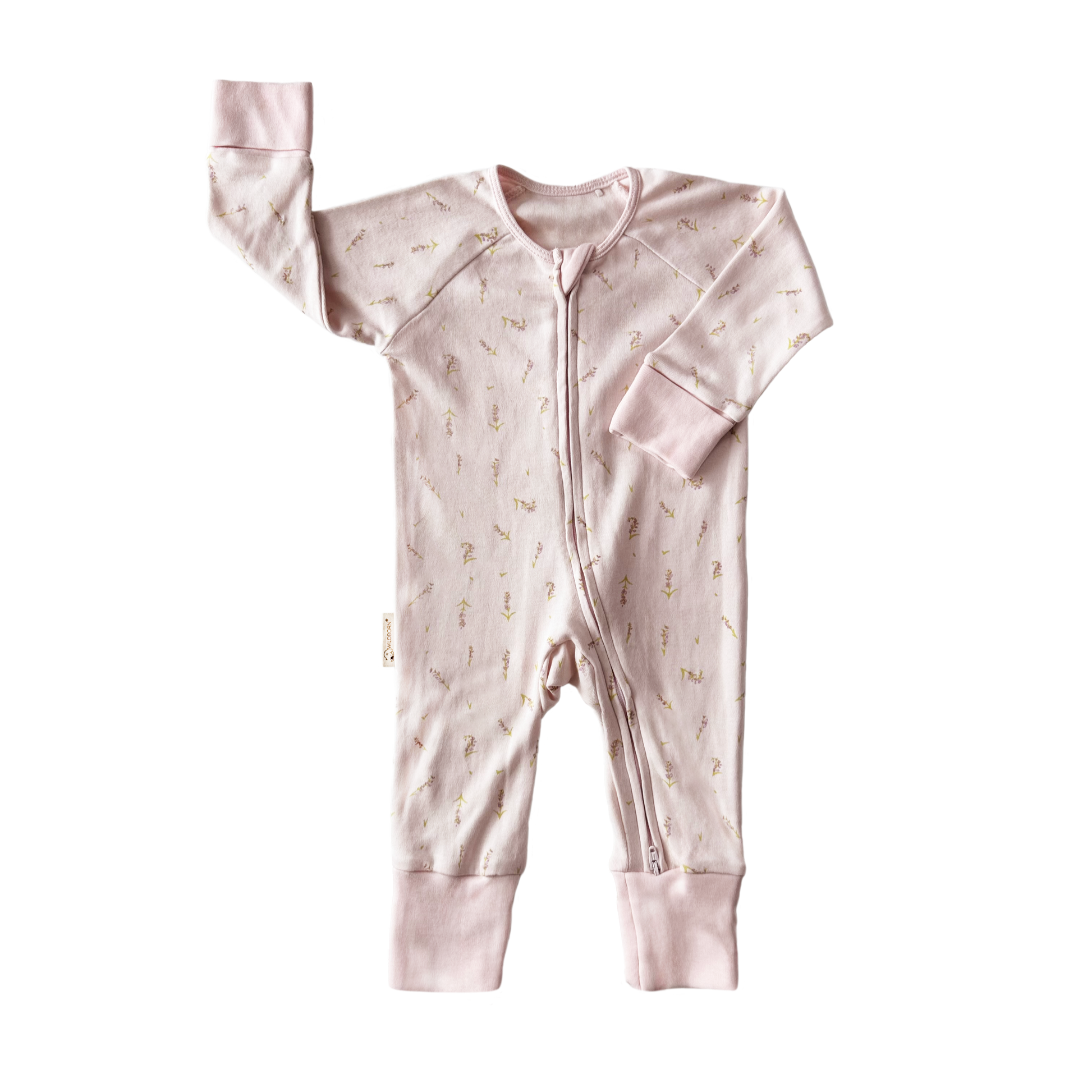 Pink baby onesie with a zipper on a white background