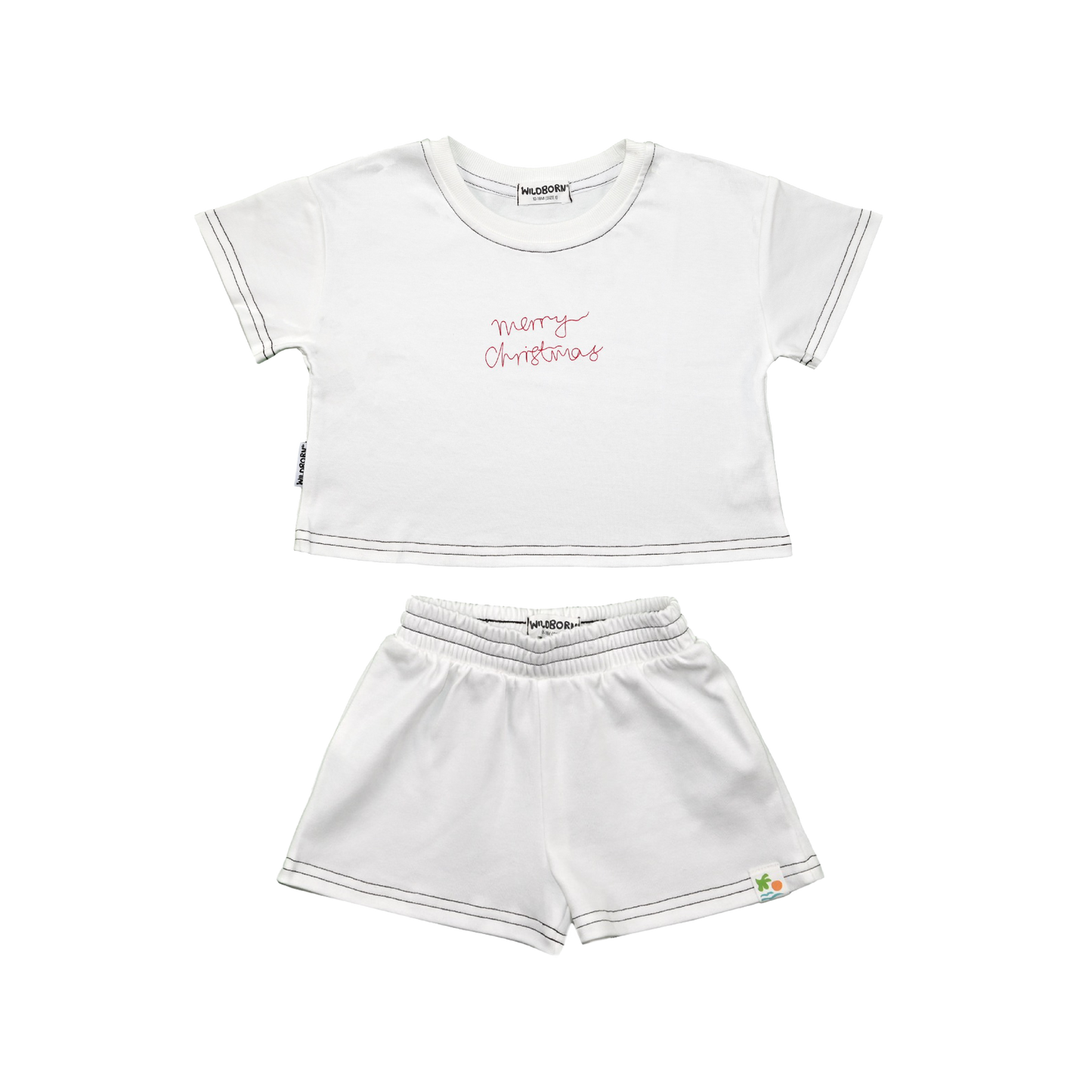White t-shirt and shorts set with text on a white background