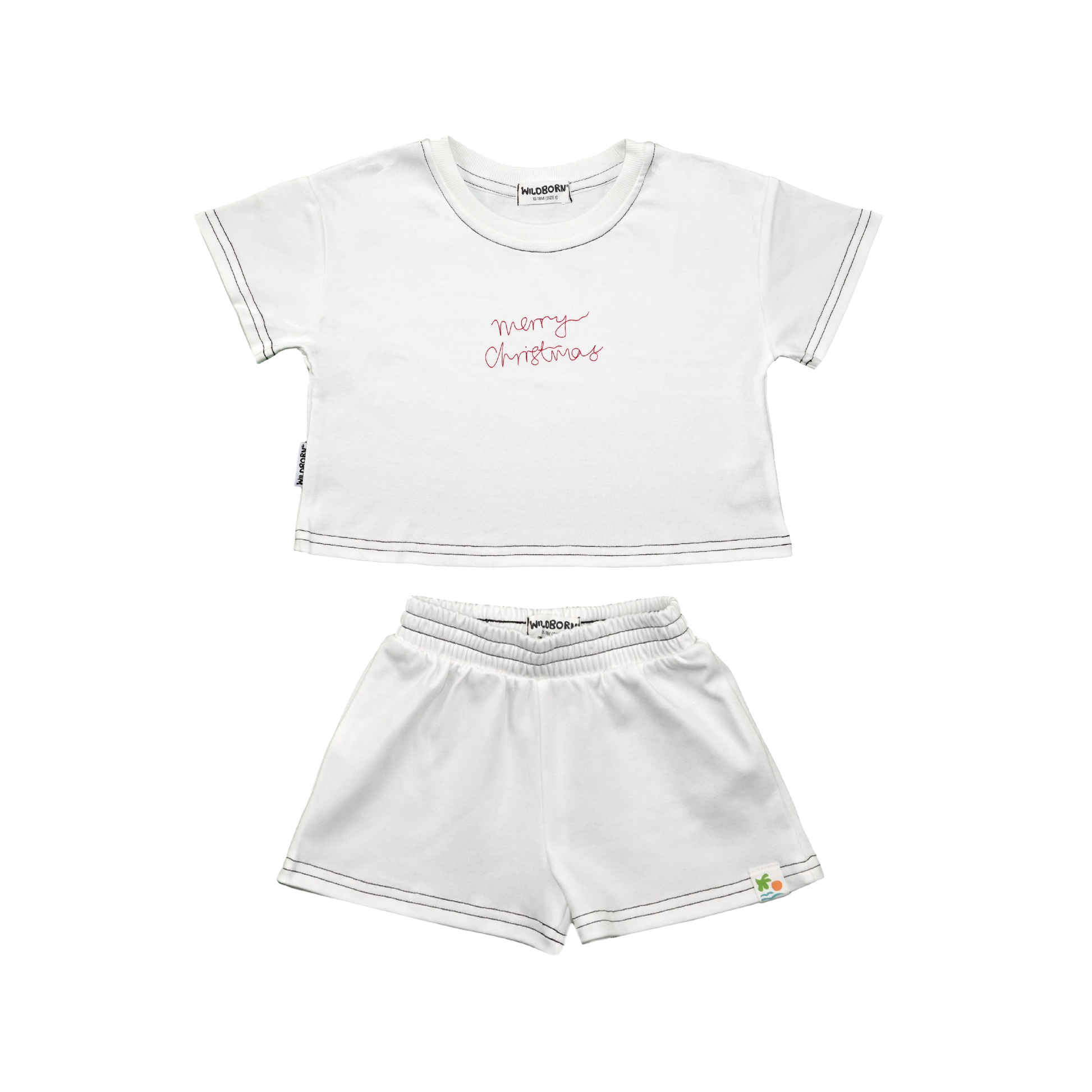 White t-shirt and shorts set with text on a white background