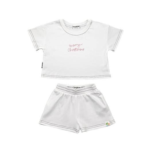 White t-shirt and shorts set with text on a white background
