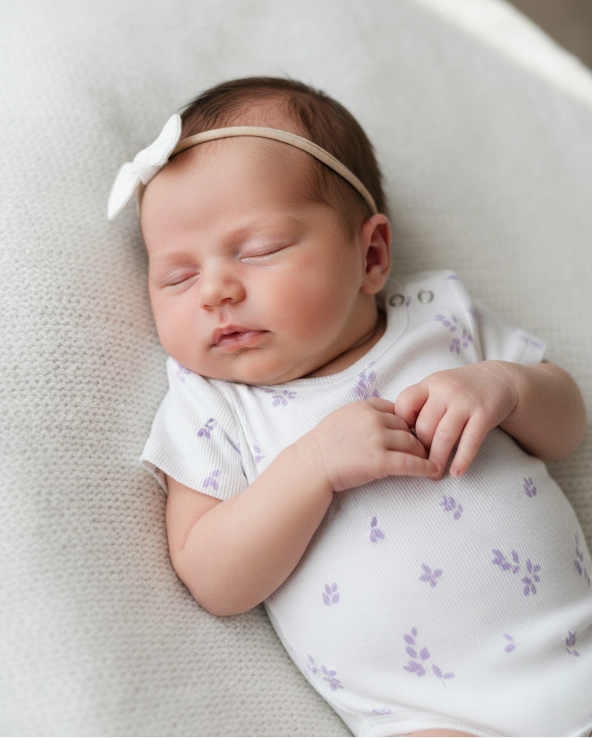 Newborn baby sleeping peacefully on a soft surface wearing a white outfit with purple floral patterns and a headband.