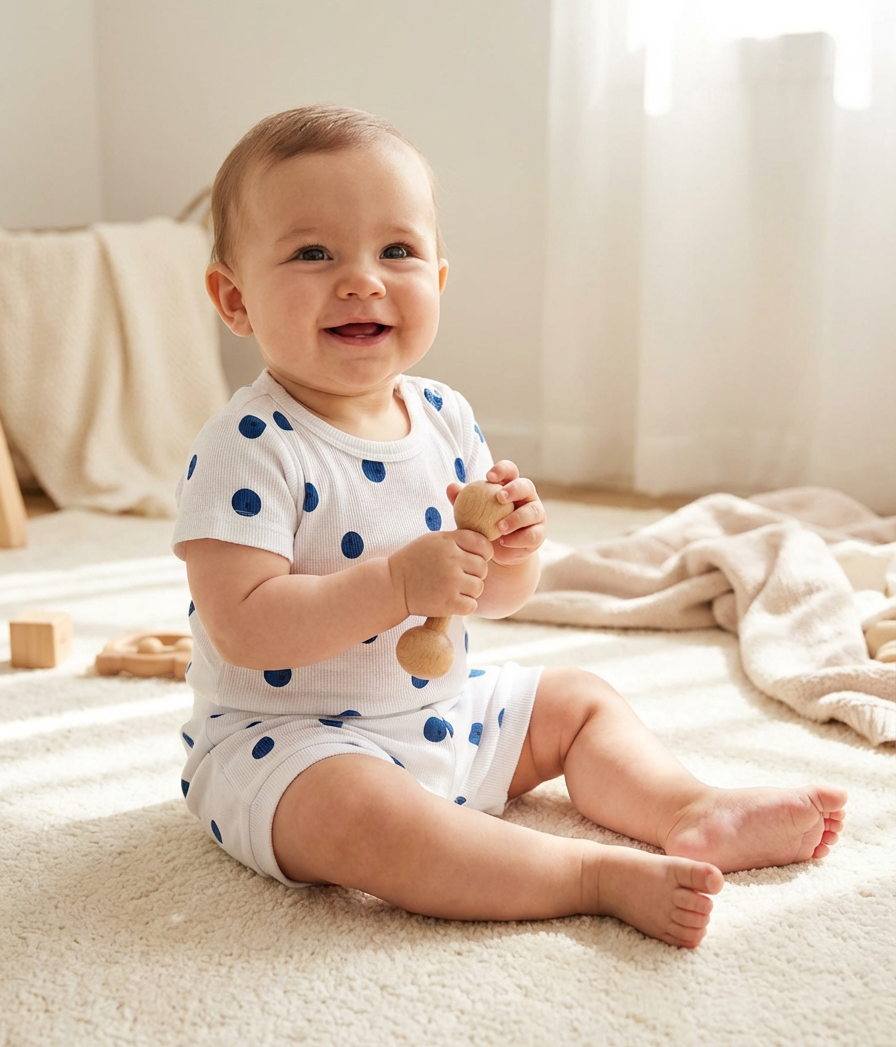 Baby sitting on a carpeted floor holding a wooden toy, wearing a white onesie with blueberry dots.