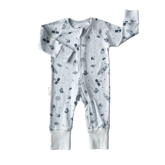 Baby onesie with a space themed pattern