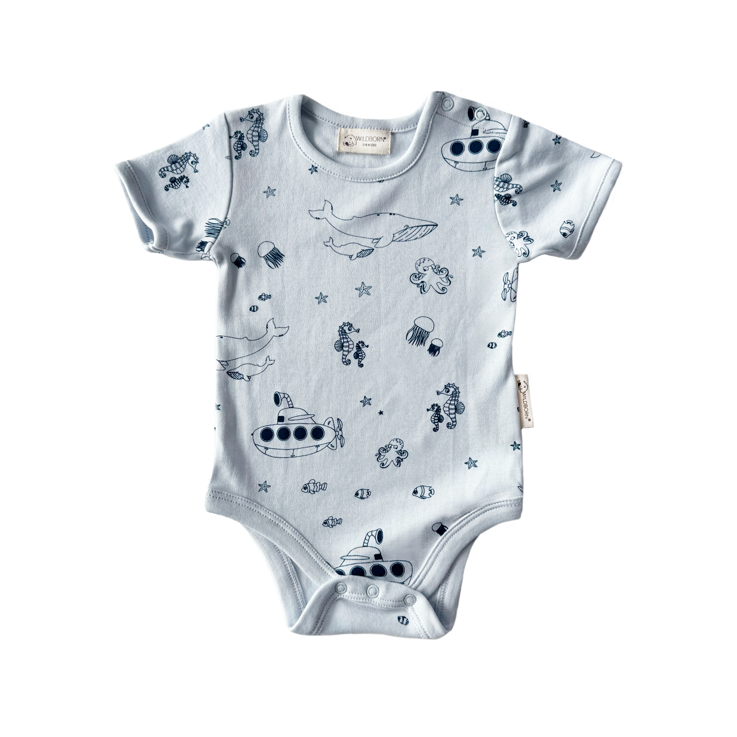 Baby onesie with under the sea-themed print
