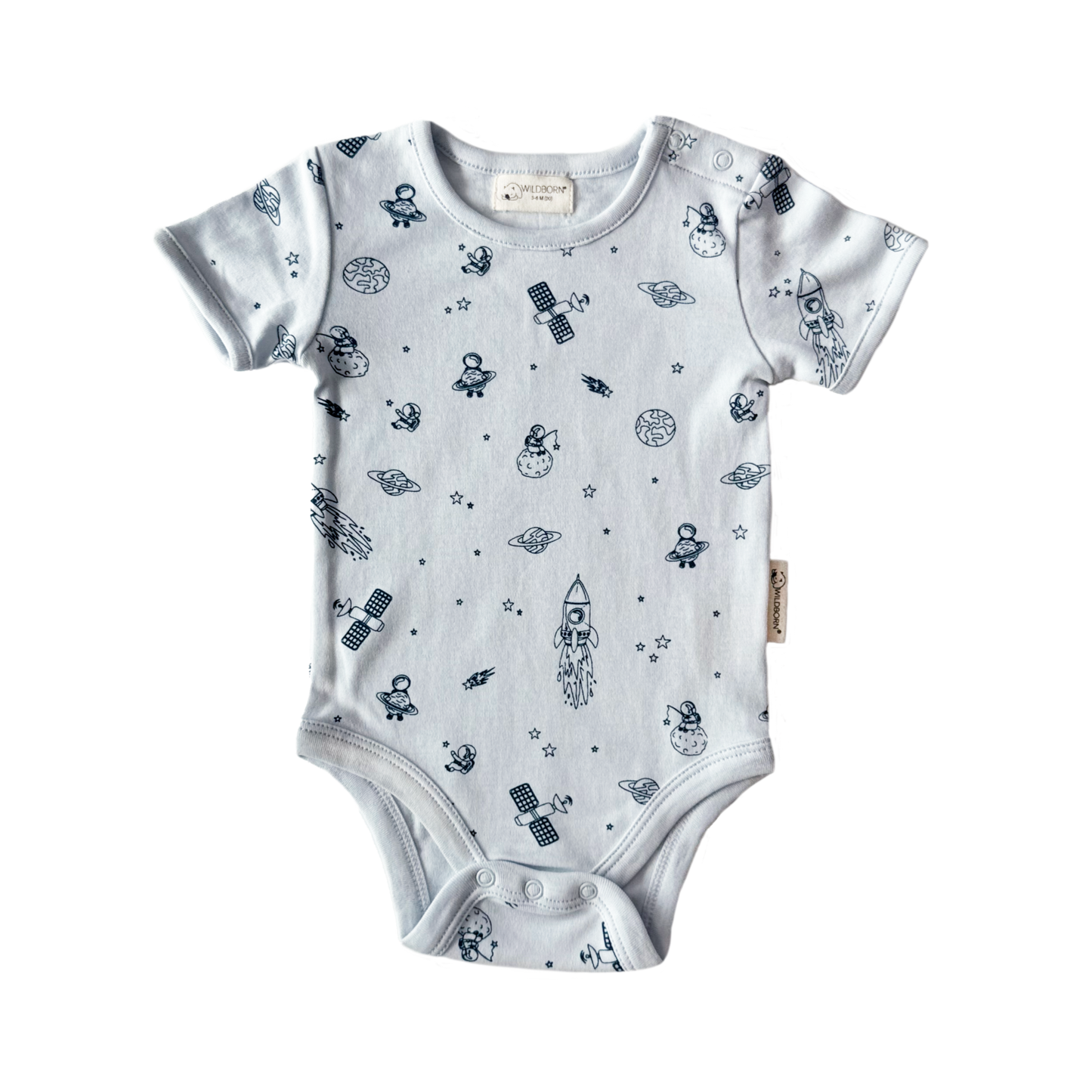 Baby onesie with space-themed print on a white background