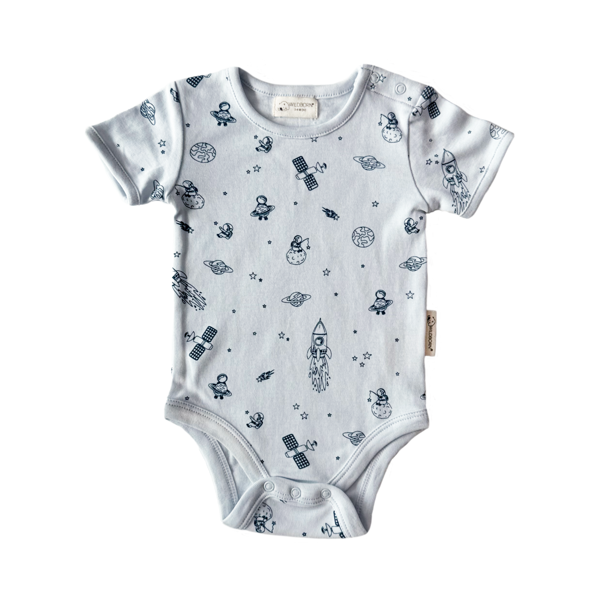 Baby onesie with space-themed print on a white background