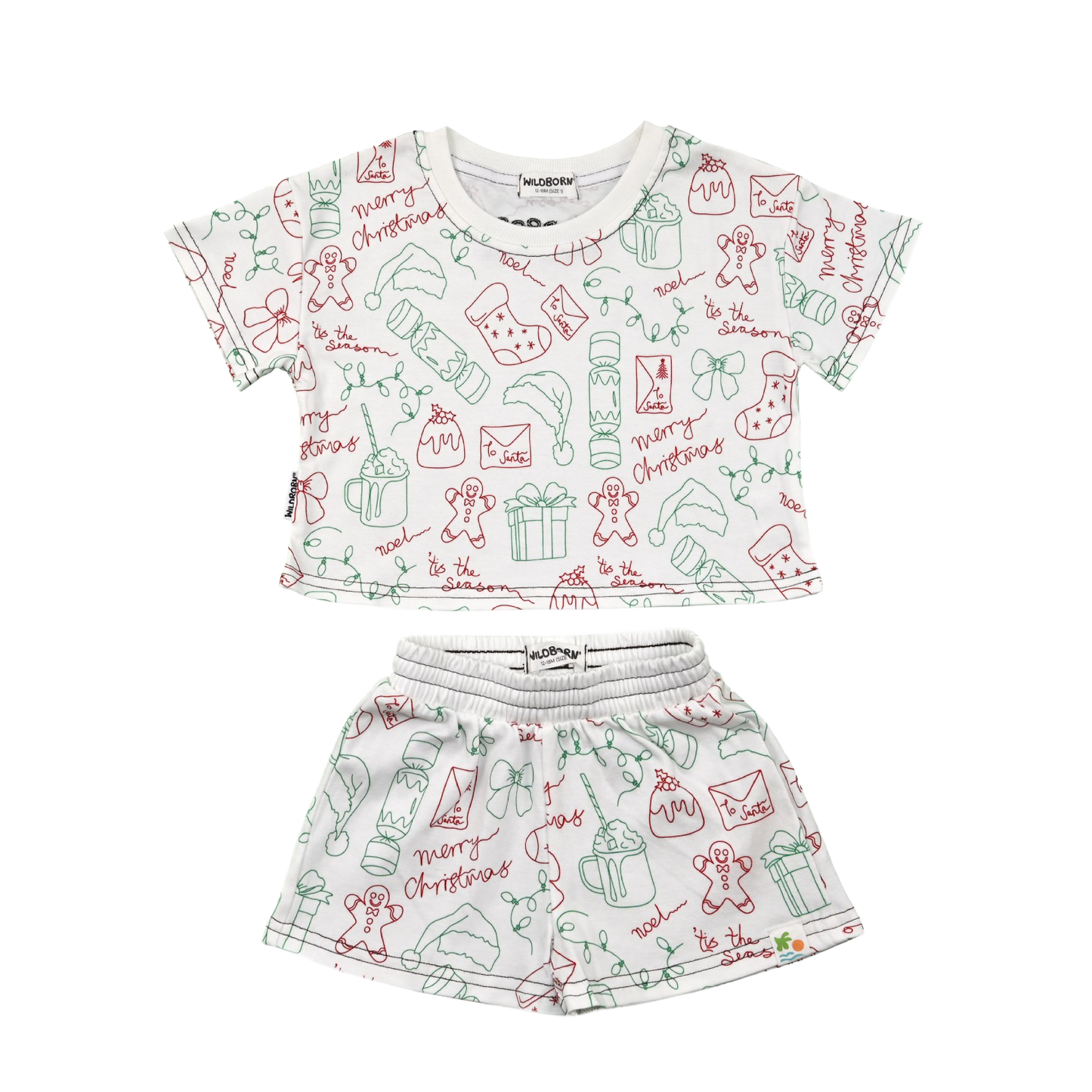 Children's Christmas-themed outfit with top and shorts on a white background