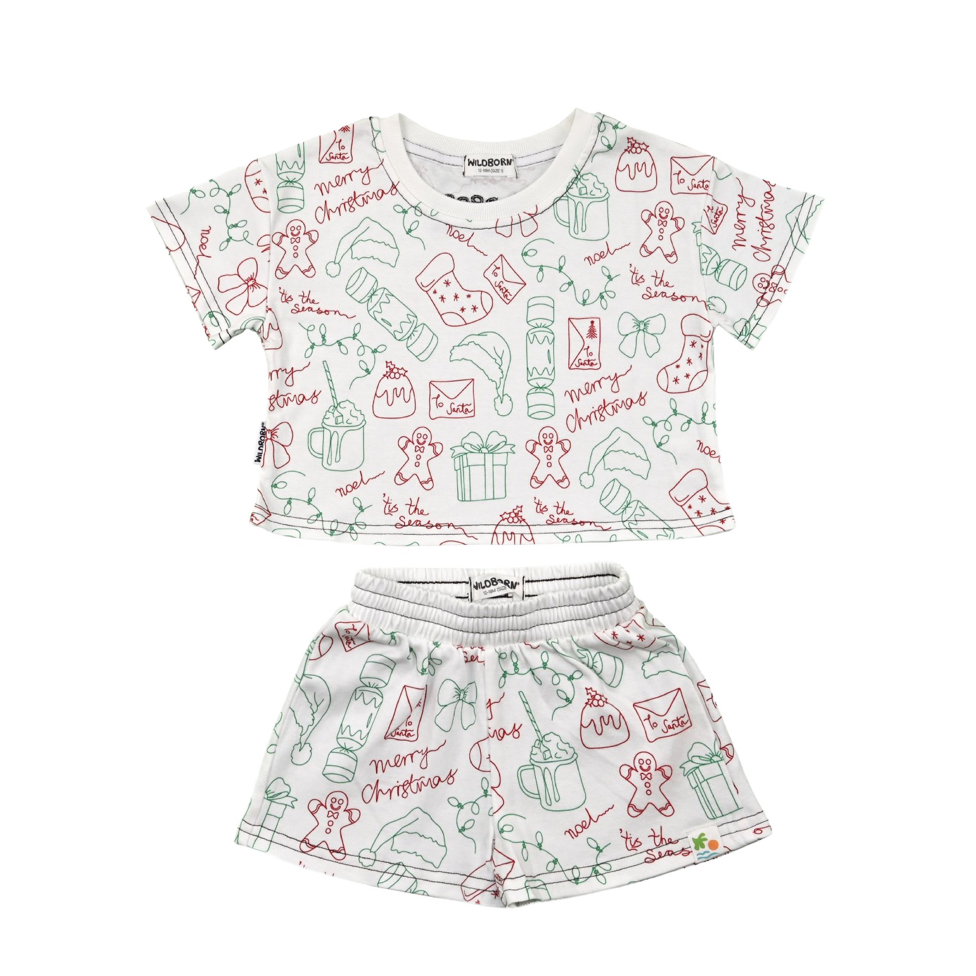 Children's Christmas-themed outfit with top and shorts on a white background