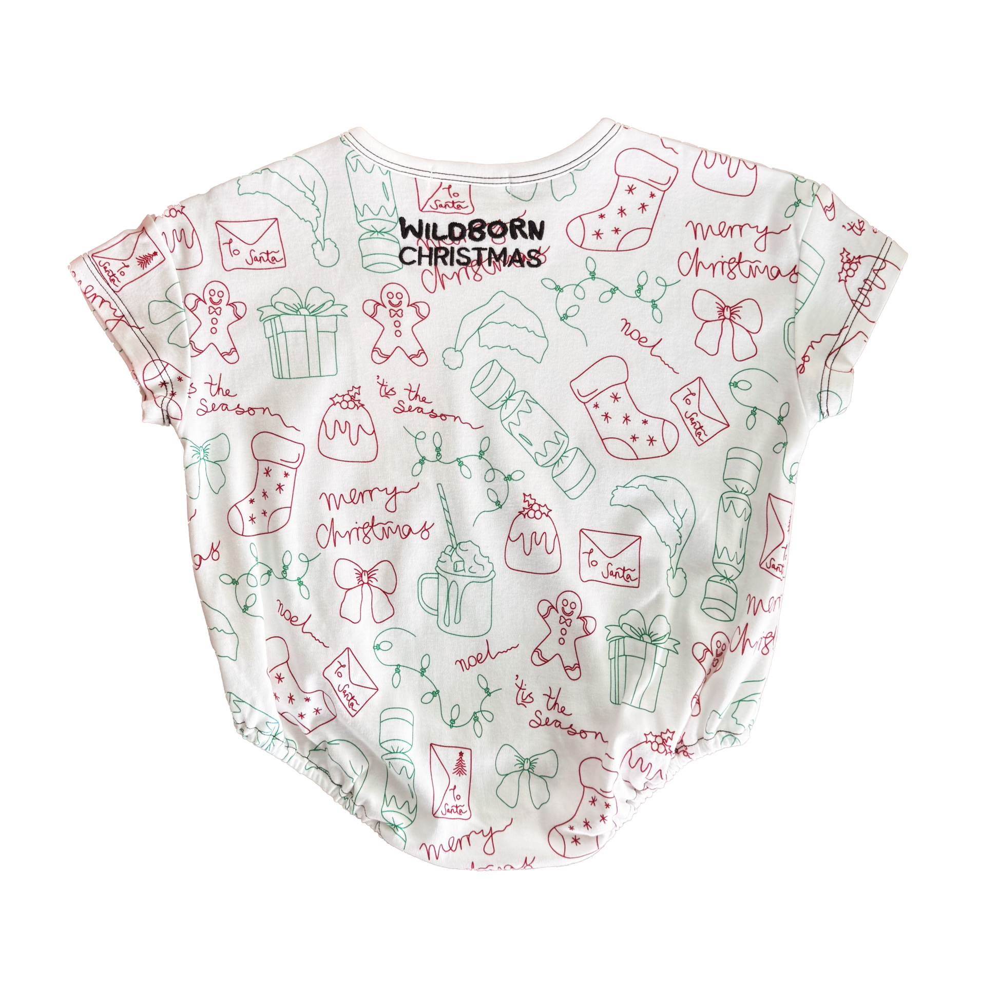 Baby romper with Christmas-themed design on a white background
